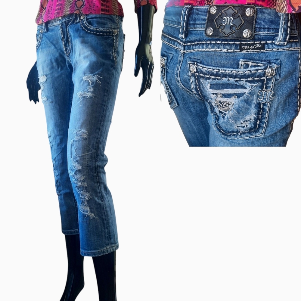 Miss Me JE5152P10 Distressed Denim Capris | Rhinestones | 27
